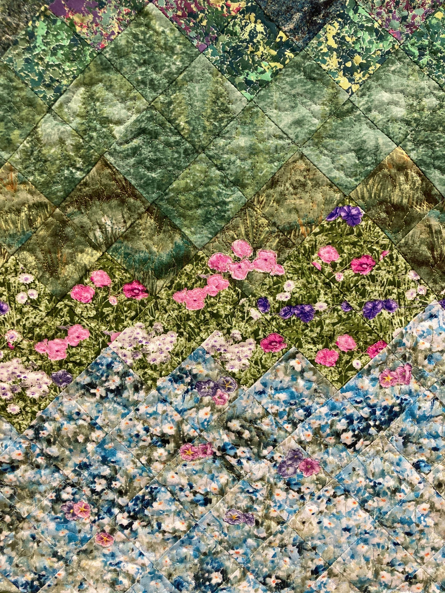 Spring Misty Blue Meadow Mountain Art Quilt Tapestry, Fabric Wall Hanging 19.5x30” Vertical Forest Mountain Scenic Original Artwork Handmade