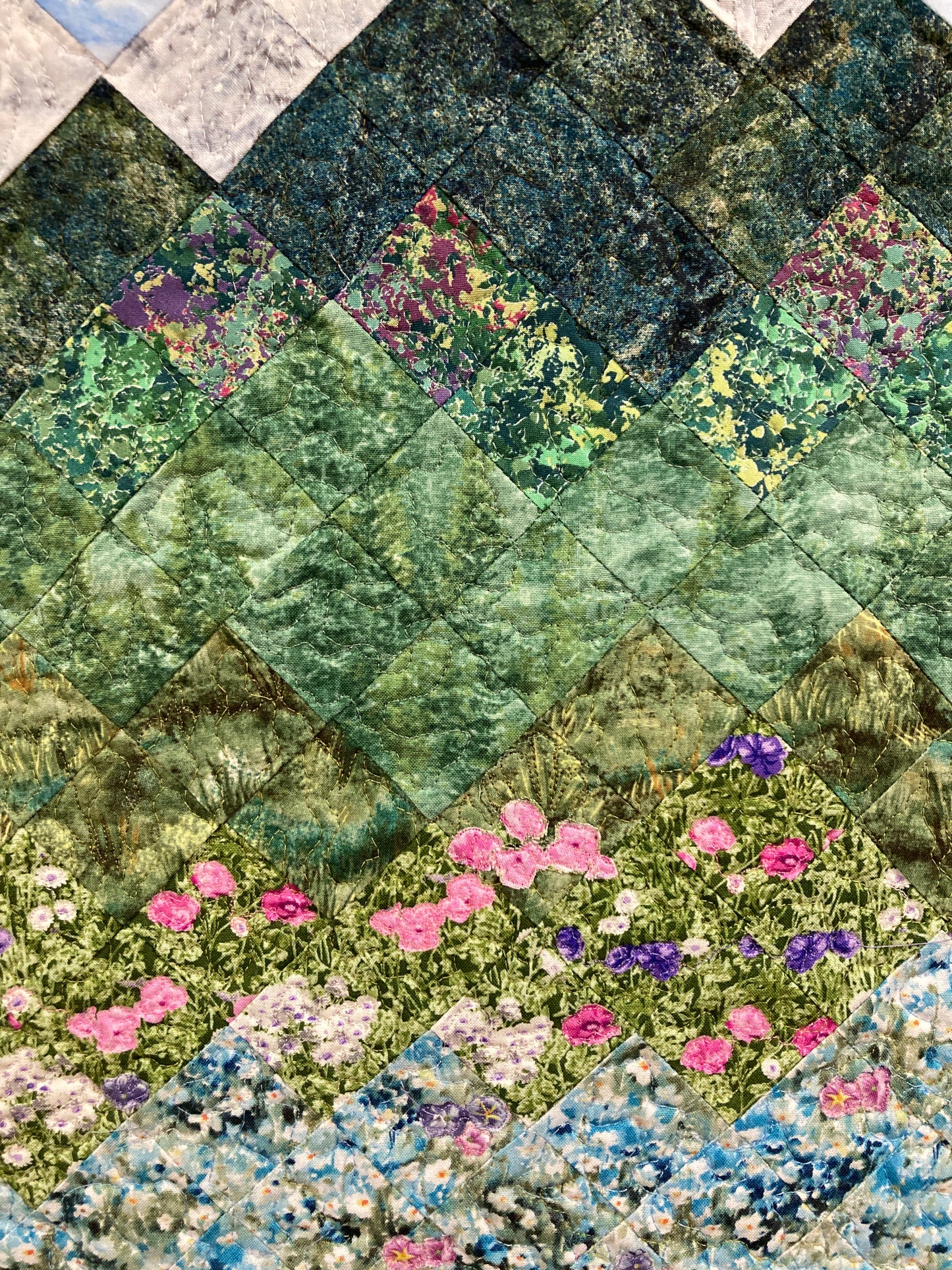 Spring Misty Blue Meadow Mountain Art Quilt Tapestry, Fabric Wall Hanging 19.5x30” Vertical Forest Mountain Scenic Original Artwork Handmade
