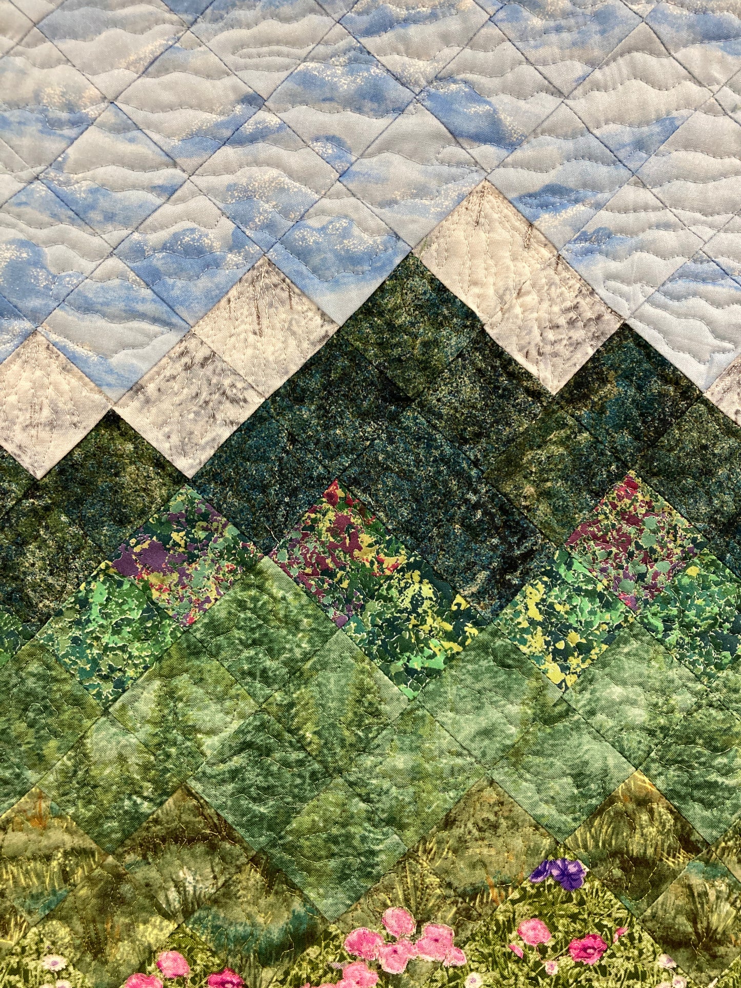 Spring Misty Blue Meadow Mountain Art Quilt Tapestry, Fabric Wall Hanging 19.5x30” Vertical Forest Mountain Scenic Original Artwork Handmade