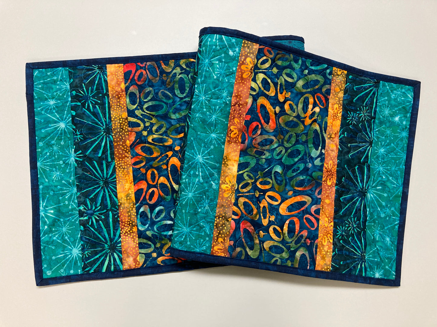 Quilted Batik Table Runner, Modern Circles Blue Orange Turquoise, 13x42” Reversible Wide Boho Hippie Chic Coffee Dining Table, Original Art