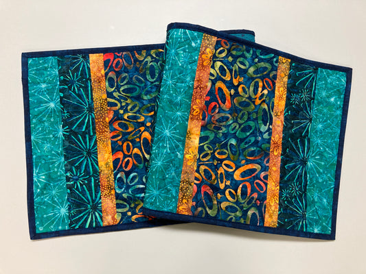 Quilted Batik Table Runner, Modern Circles Blue Orange Turquoise, 13x42” Reversible Wide Boho Hippie Chic Coffee Dining Table, Original Art