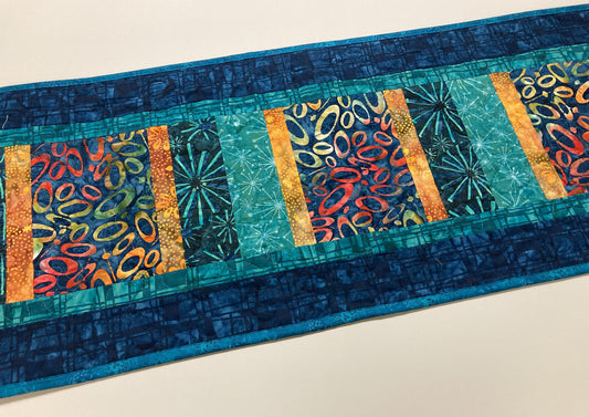 Quilted Batik Table Runner, Modern Circles Blue Orange Turquoise, 15x50” Reversible Wide Boho Hippie Chic Coffee Dining Table, Original Art