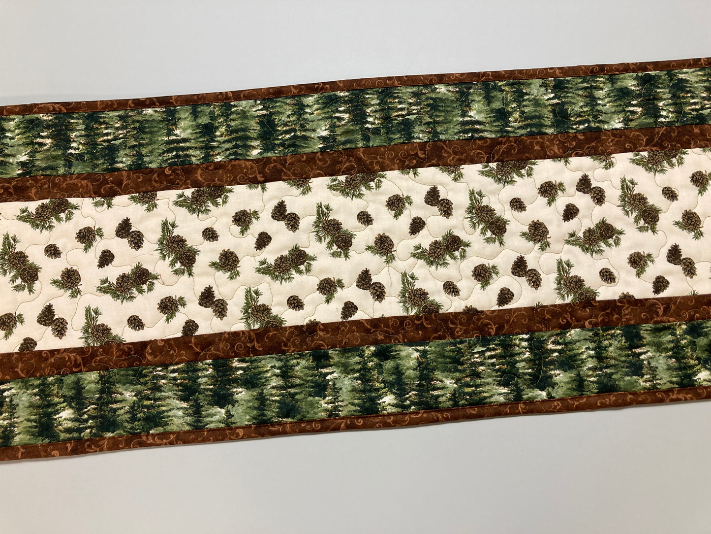 Pine Cones and Trees Quilted Dining Table Runner, Reversible Fall Green, Coffee Table Runner, Dresser Scarf, End Table 13x48" Handmade