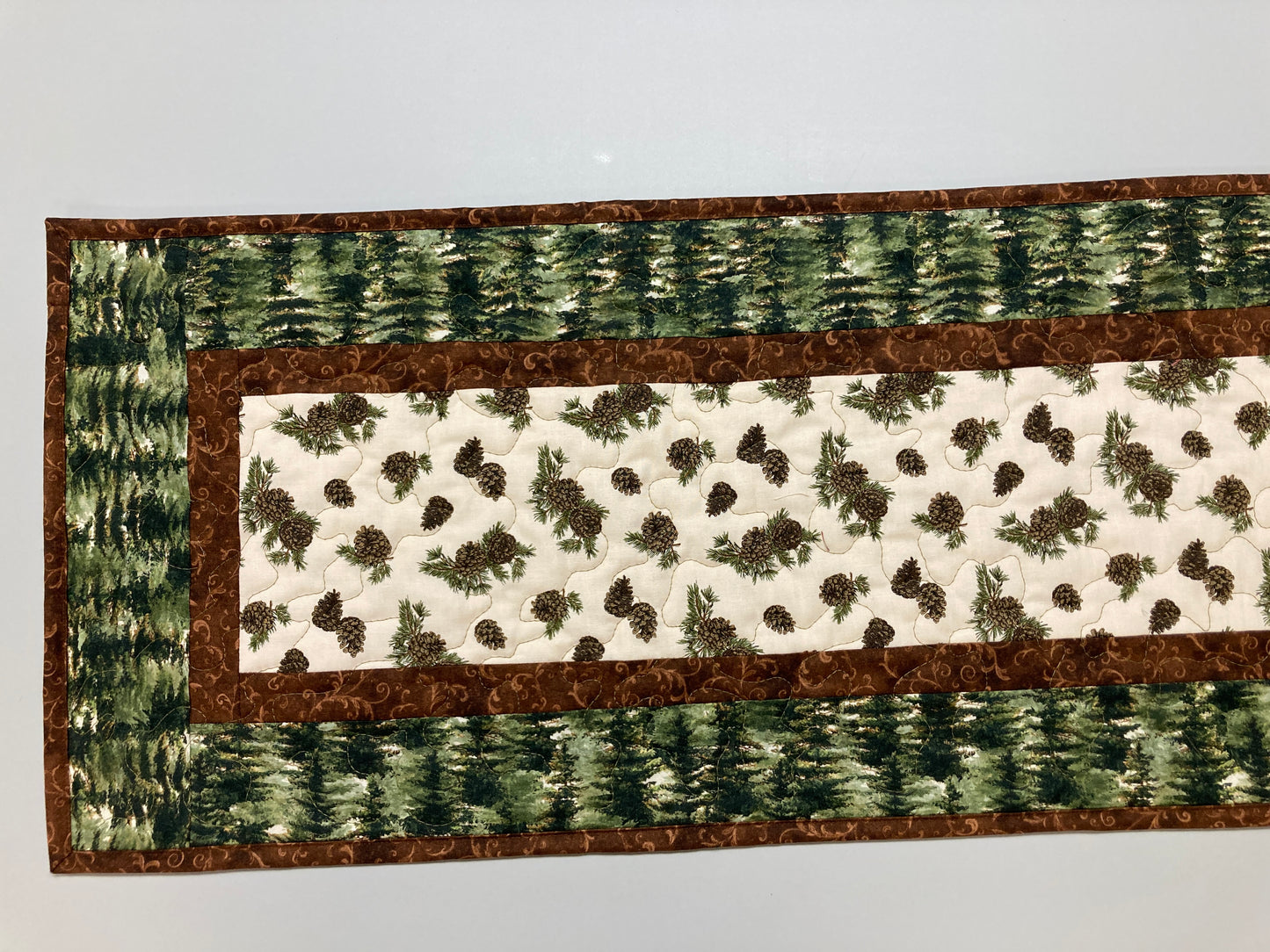 Pine Cones and Trees Quilted Dining Table Runner, Reversible Fall Green, Coffee Table Runner, Dresser Scarf, End Table 13x48" Handmade