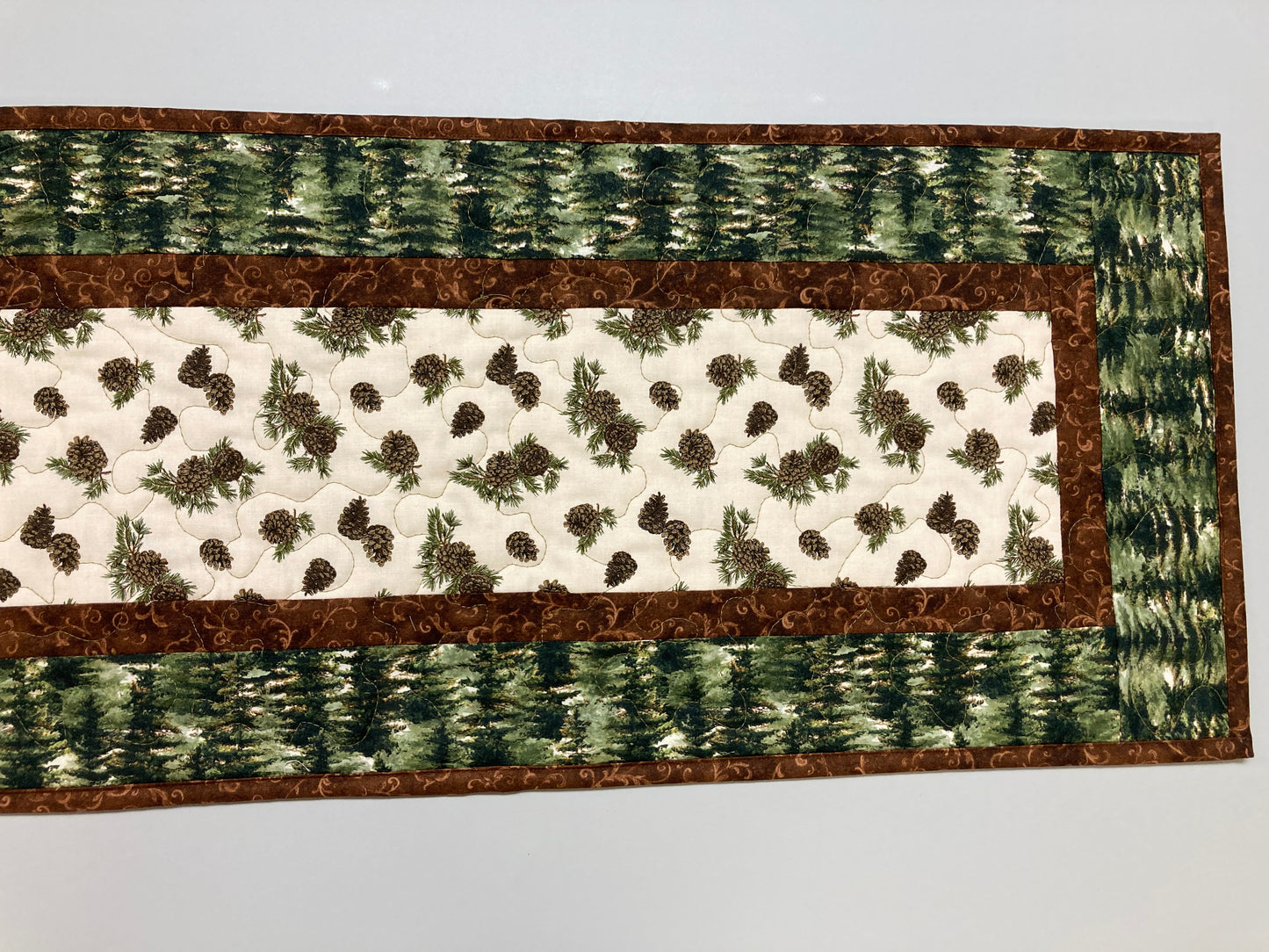 Pine Cones and Trees Quilted Dining Table Runner, Reversible Fall Green, Coffee Table Runner, Dresser Scarf, End Table 13x48" Handmade