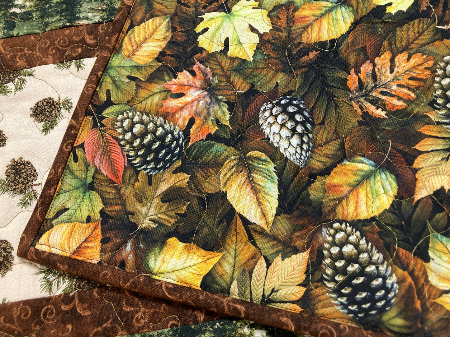 Pine Cones and Trees Quilted Dining Table Runner, Reversible Fall Green, Coffee Table Runner, Dresser Scarf, End Table 13x48" Handmade