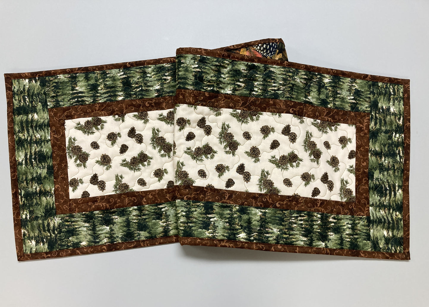 Pine Cones and Trees Quilted Dining Table Runner, Reversible Fall Green, Coffee Table Runner, Dresser Scarf, End Table 13x48" Handmade