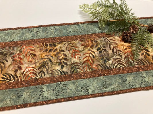 Batik Fall Leaves Quilted Table Runner, Autumn Golden Brown Rust Green, Dining Coffee End Table Runner, 13x48" Reversible Summer Handmade