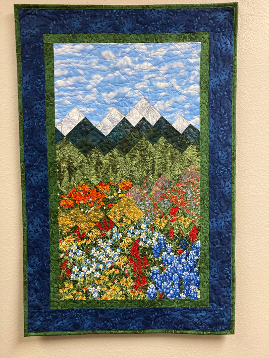 Wildflower Mountain Quilt Art Fabric Wall Hanging, Landscape Textile Art 23x36” Vertical Tapestry, Summer Blue Red Yellow Flowers Artwork
