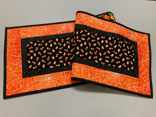 Halloween Quilted Table Runner, Candy Corn Black Orange, 13x48" Reversible Large Summer Flowers, Candy Mat Dining Coffee End Table Decor