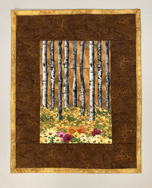 Fall Aspen Trees and Flowers, Fabric Art Quilt Wall Hanging, Landscape Tapestry, Autumn Floral 11x14" Original Artwork Handmade Woodland