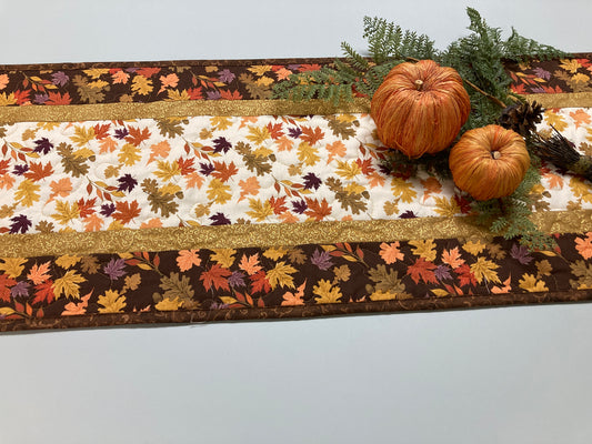 Fall Leaves Dining Table Runner, 13x48" Reversible Holiday Winter, Autumn Rust Gold Red Coffee End Table, Earth Tones Thanksgiving Quilted