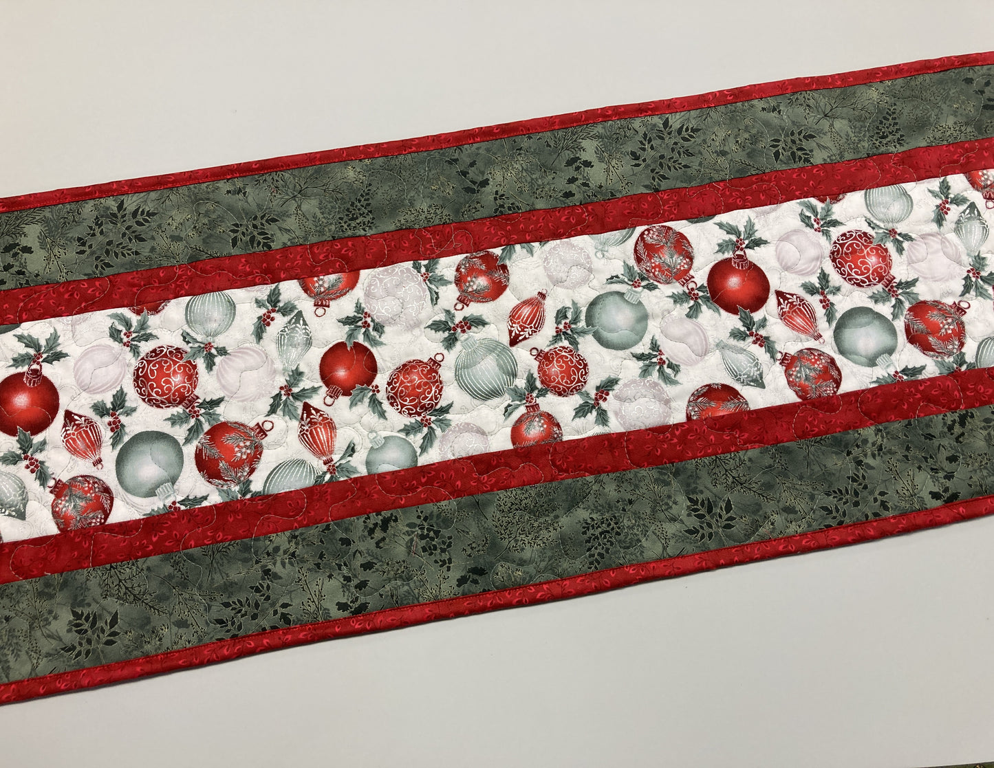 Red Silver Green Christmas Ornaments Quilted Dining Table Runner, 13x48", Winter Holiday Coffee End Table, Dresser Scarf Reversible Handmade