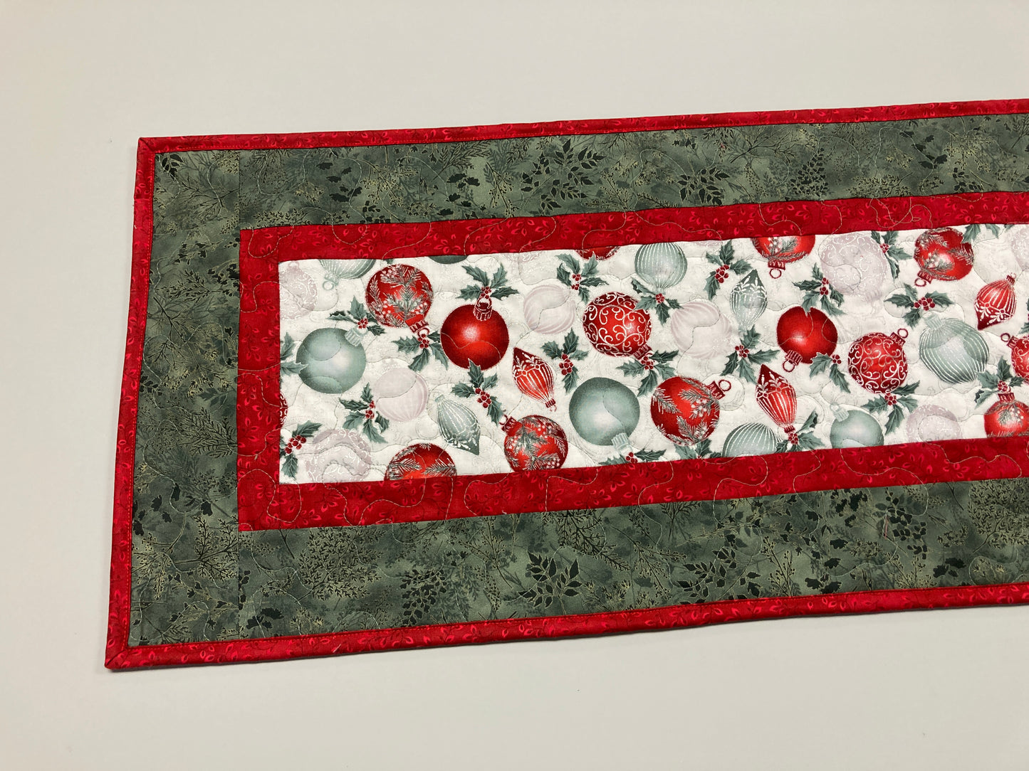Red Silver Green Christmas Ornaments Quilted Dining Table Runner, 13x48", Winter Holiday Coffee End Table, Dresser Scarf Reversible Handmade