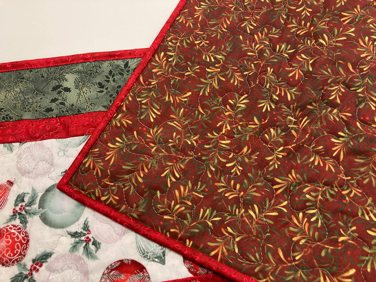 Red Silver Green Christmas Ornaments Quilted Dining Table Runner, 13x48", Winter Holiday Coffee End Table, Dresser Scarf Reversible Handmade