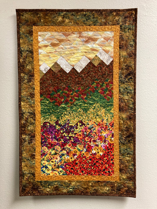 Fall Sunset Flowers Landscape Art Quilt, Tapestry 22x34", Fabric Wall Hanging, Small Vertical Mountain Snow Pine Trees Golden Green Autumn
