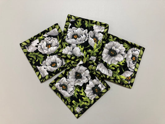 White Poppies Green Leaves Fabric Coasters for Drinks, 5 x 5" Quilted Cold Hot Drinks Coffee Tea, Stocking Teacher Bunco Home Gift Handmade