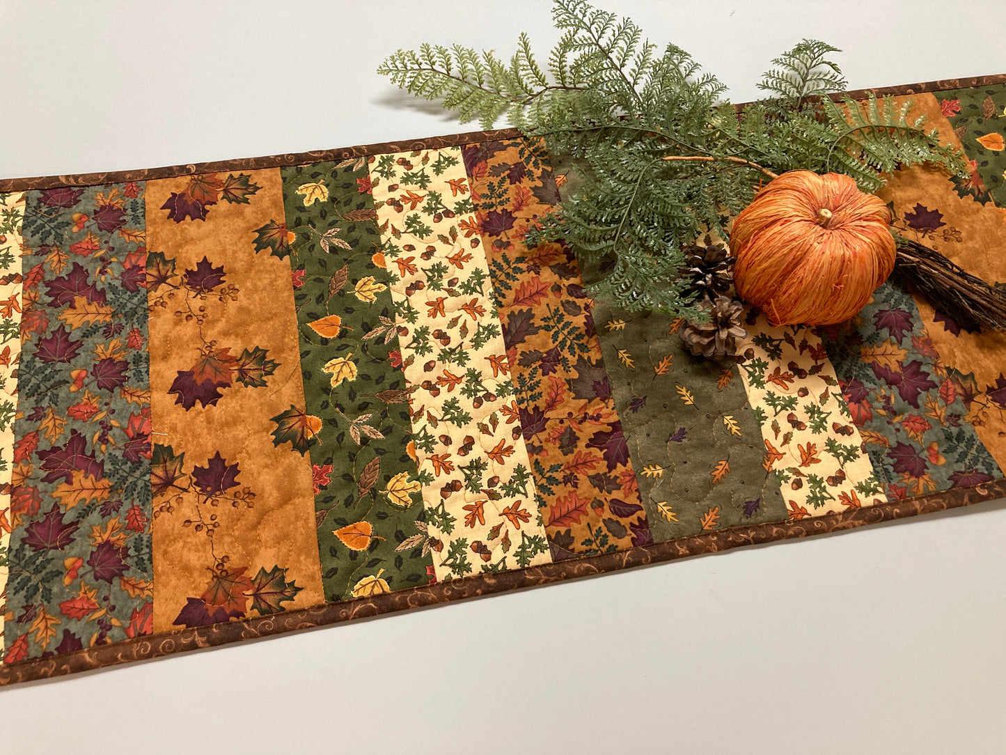 Autumn Splendor Dining Table Runner, 13.5x60" Fall Leaves Quilted Coffee End Table, Earth Tones Thanksgiving, Long Handmade Rustic Woods