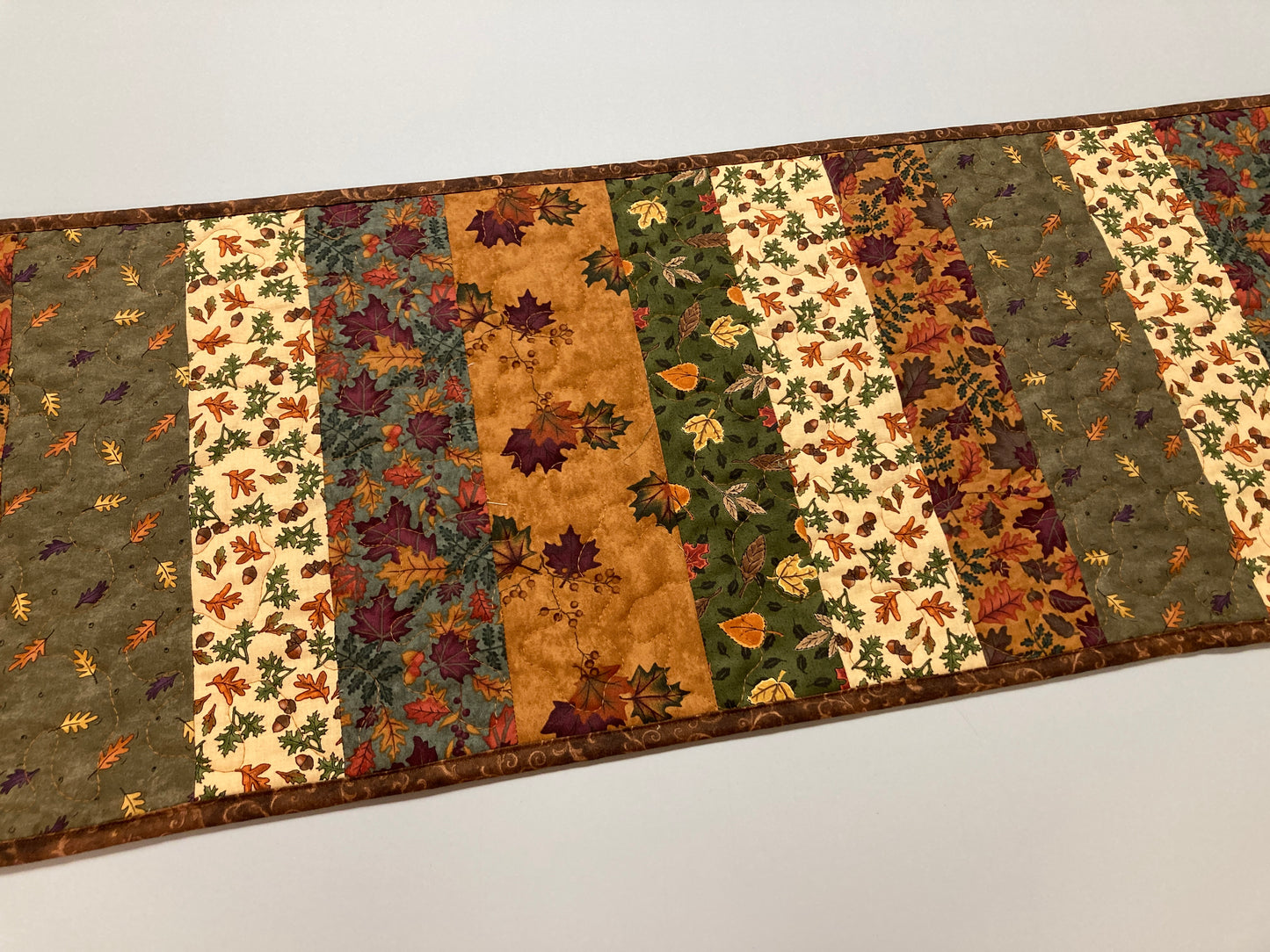 Autumn Splendor Dining Table Runner, 13.5x60" Fall Leaves Quilted Coffee End Table, Earth Tones Thanksgiving, Long Handmade Rustic Woods