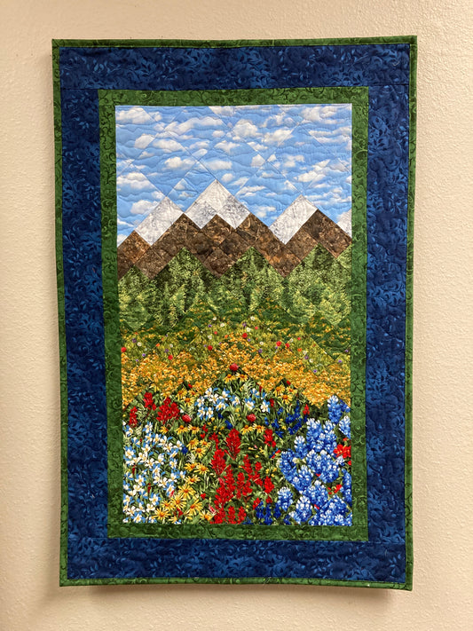 Wildflower Mountain Quilt Art Fabric Wall Hanging, Landscape Textile Art 22x34” Vertical Tapestry, Summer Blue Red Yellow Flowers Artwork