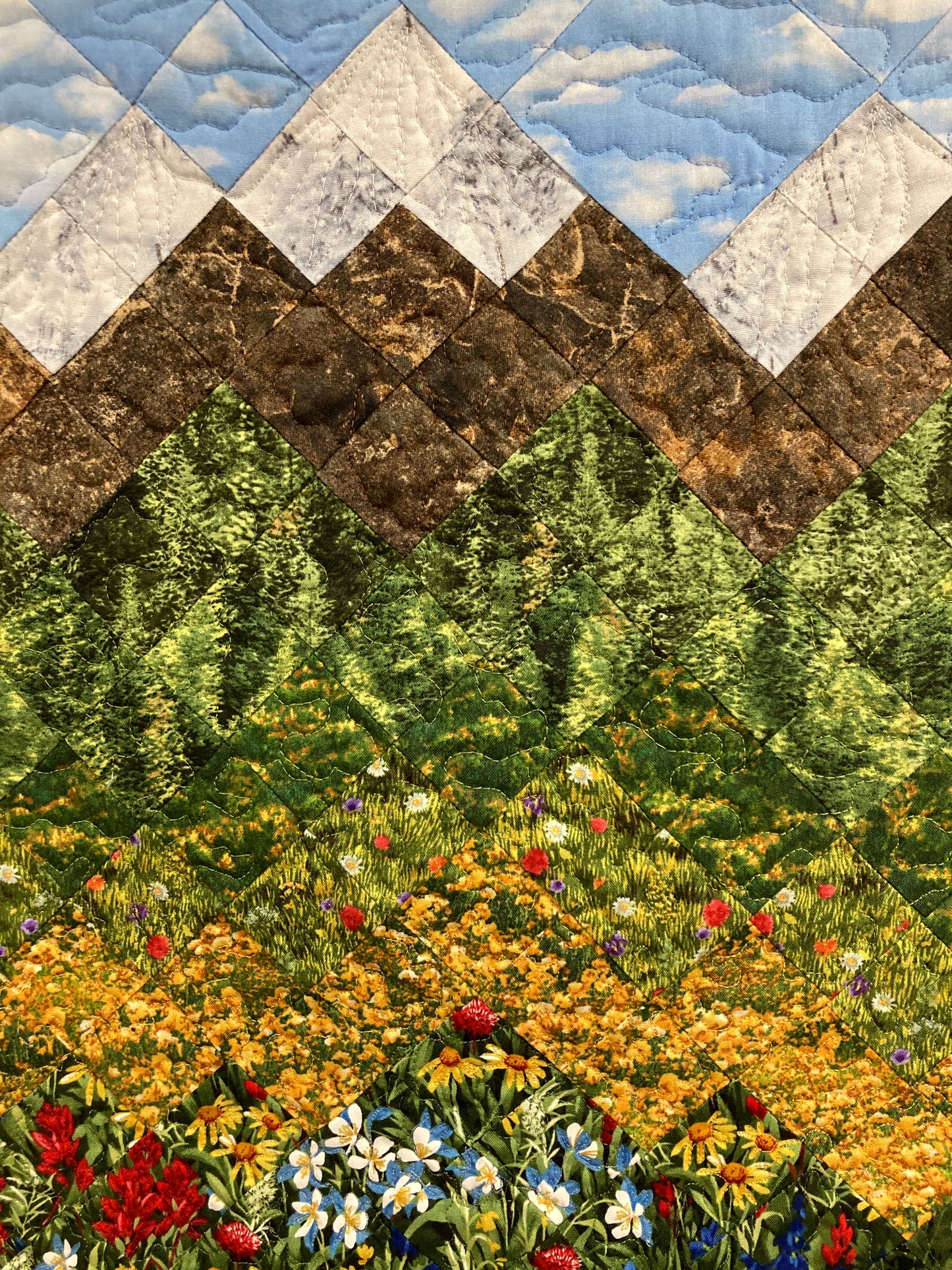 Wildflower Mountain Quilt Art Fabric Wall Hanging, Landscape Textile Art 22x34” Vertical Tapestry, Summer Blue Red Yellow Flowers Artwork