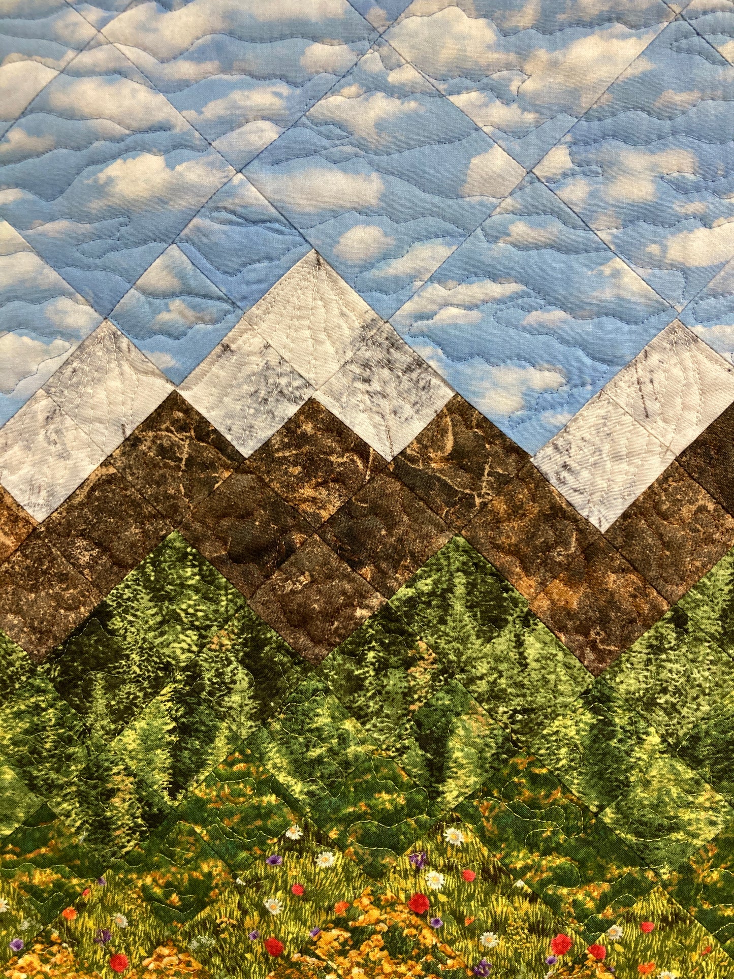 Wildflower Mountain Quilt Art Fabric Wall Hanging, Landscape Textile Art 22x34” Vertical Tapestry, Summer Blue Red Yellow Flowers Artwork