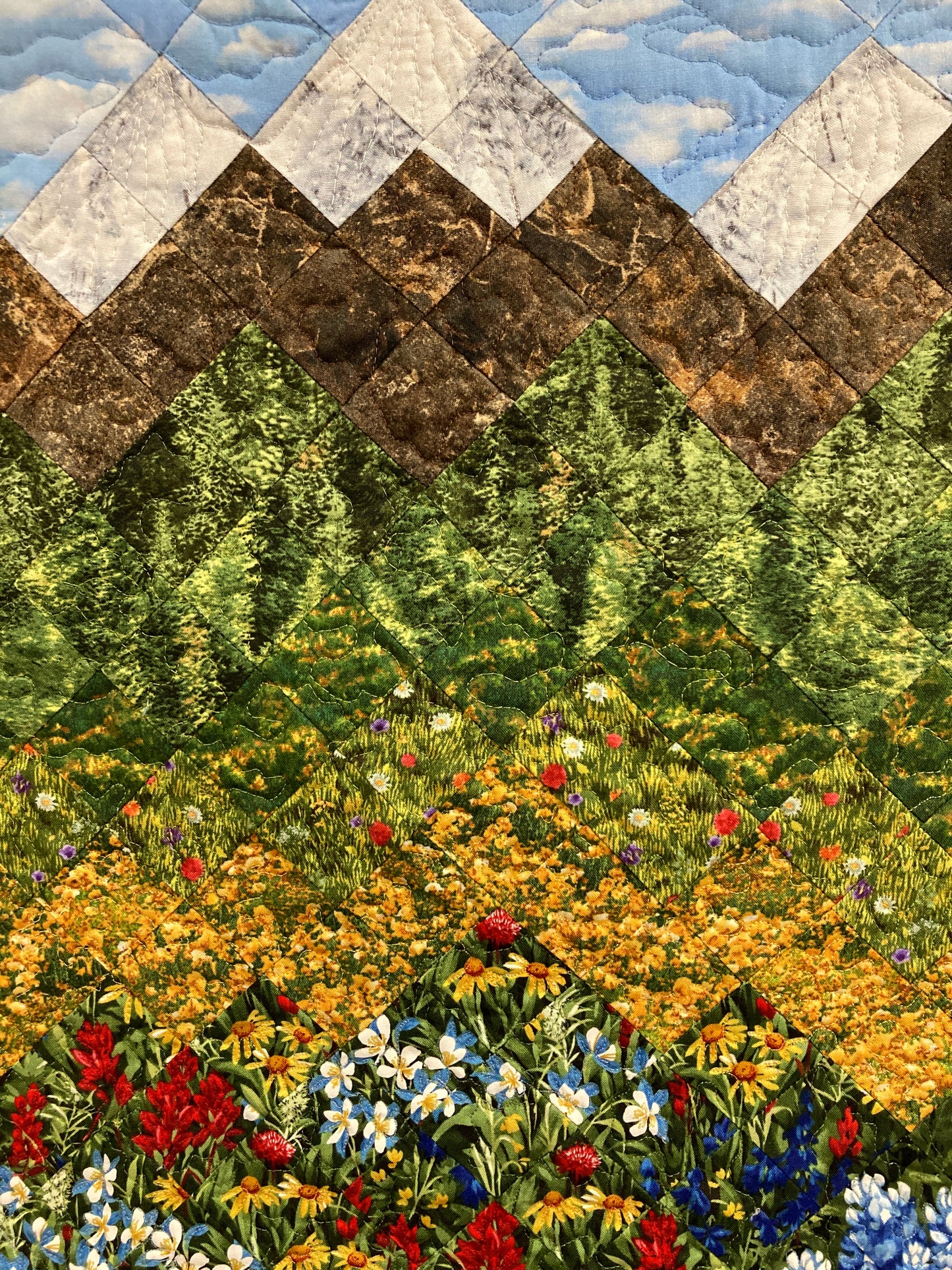 Wildflower Mountain Quilt Art Fabric Wall Hanging, Landscape Textile Art 22x34” Vertical Tapestry, Summer Blue Red Yellow Flowers Artwork