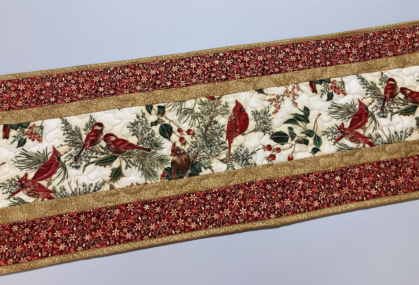 Red Cardinals Quilted Dining Table Runner, 13x48" Reversible, Winter Bright Red Gold, Coffee End Table, Birds Branches Handmade Christmas
