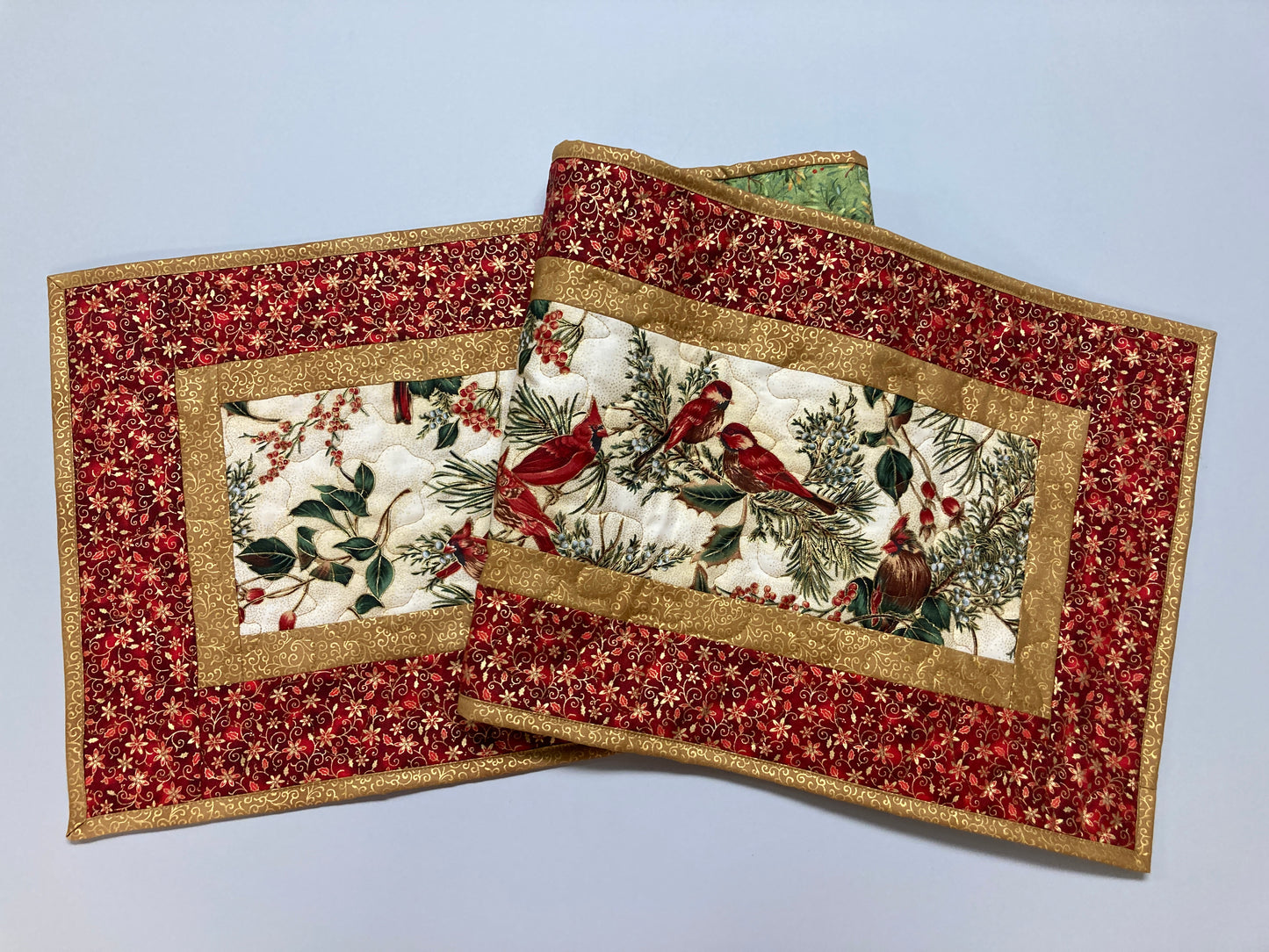 Red Cardinals Quilted Dining Table Runner, 13x48" Reversible, Winter Bright Red Gold, Coffee End Table, Birds Branches Handmade Christmas