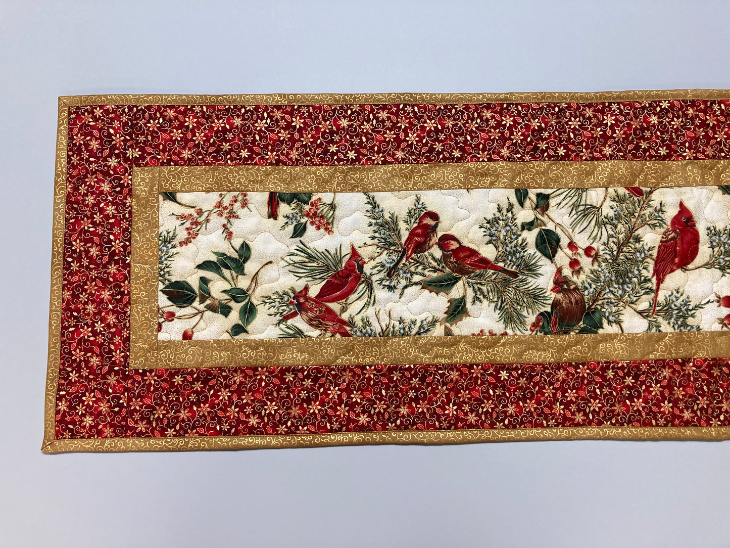 Red Cardinals Quilted Dining Table Runner, 13x48" Reversible, Winter Bright Red Gold, Coffee End Table, Birds Branches Handmade Christmas