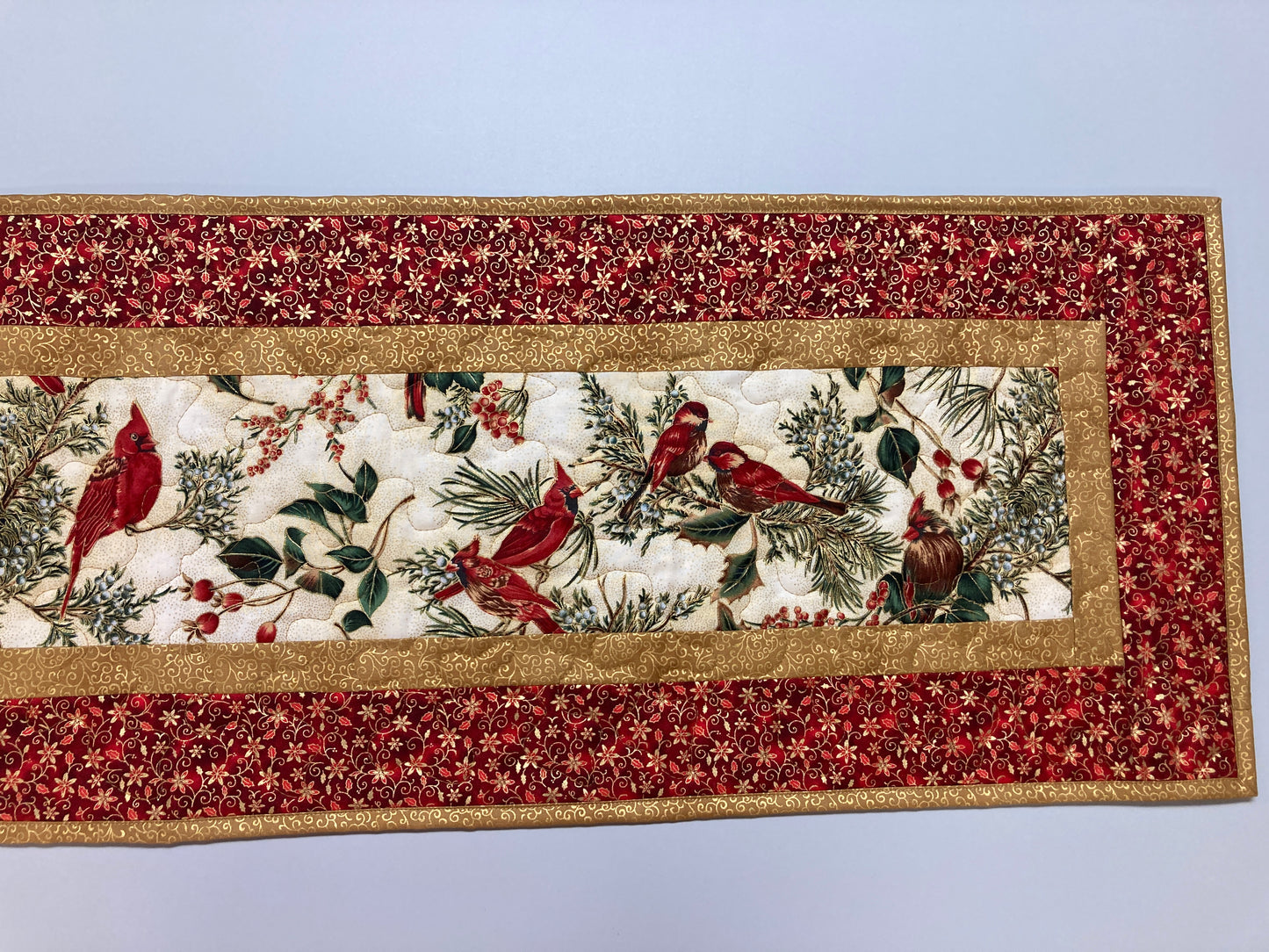 Red Cardinals Quilted Dining Table Runner, 13x48" Reversible, Winter Bright Red Gold, Coffee End Table, Birds Branches Handmade Christmas