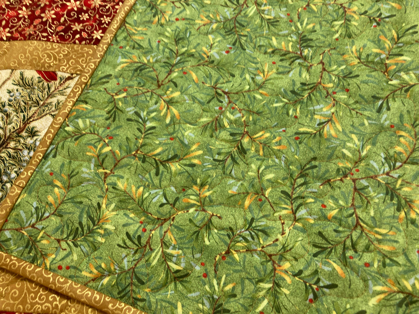 Red Cardinals Quilted Dining Table Runner, 13x48" Reversible, Winter Bright Red Gold, Coffee End Table, Birds Branches Handmade Christmas