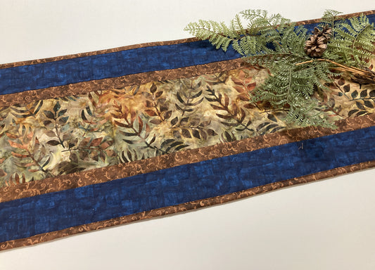 Batik Fall Leaves Quilted Table Runner, Autumn Golden Brown Rust Blue, Dining Coffee End Table Runner, 13x48" Reversible Summer Handmade