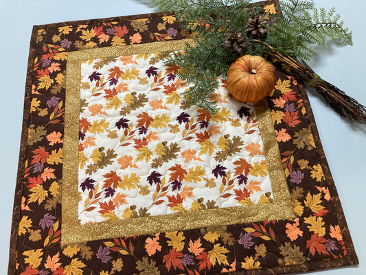 Fall Leaves Dining Table Square, 19x19" Reversible Summer, Autumn Rust Gold Red Coffee End Table, Earth Tones Thanksgiving Quilted