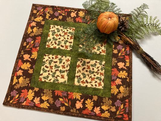 Fall Autumn Table Square, 16x16" Reversible Quilted, Autumn Rust Gold Red Coffee End Table, Earth Tones Thanksgiving Handmade Leaves Woods