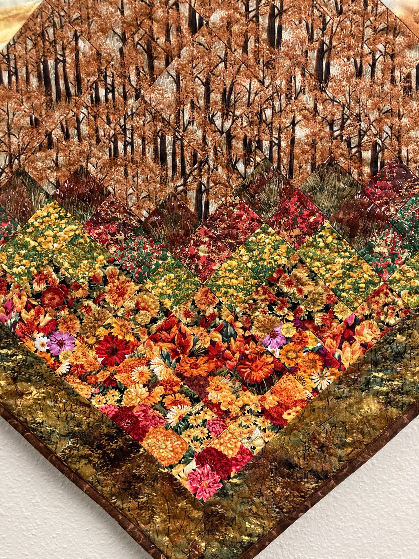 Art Quilt, Fall Sunset Aspen Trees Fabric Wall Hanging, Landscape Autumn Textile 32x32" Diagonal Purple Yellow Flowers Trees Alpine Handmade