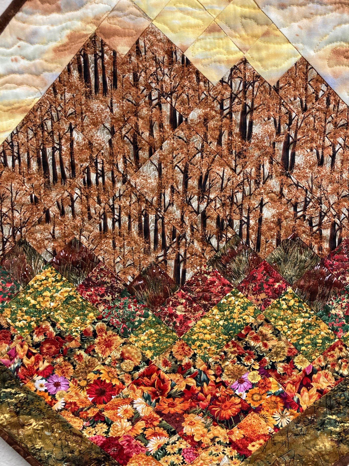 Art Quilt, Fall Sunset Aspen Trees Fabric Wall Hanging, Landscape Autumn Textile 32x32" Diagonal Purple Yellow Flowers Trees Alpine Handmade