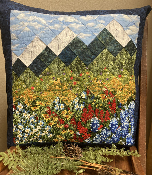 Mountain Decorative Pillow, Wildflowers Trees Mountain Sky Landscape Pillow 20x20", Cotton Lake Tahoe Cabin Lodge Decor, Texas Flowers