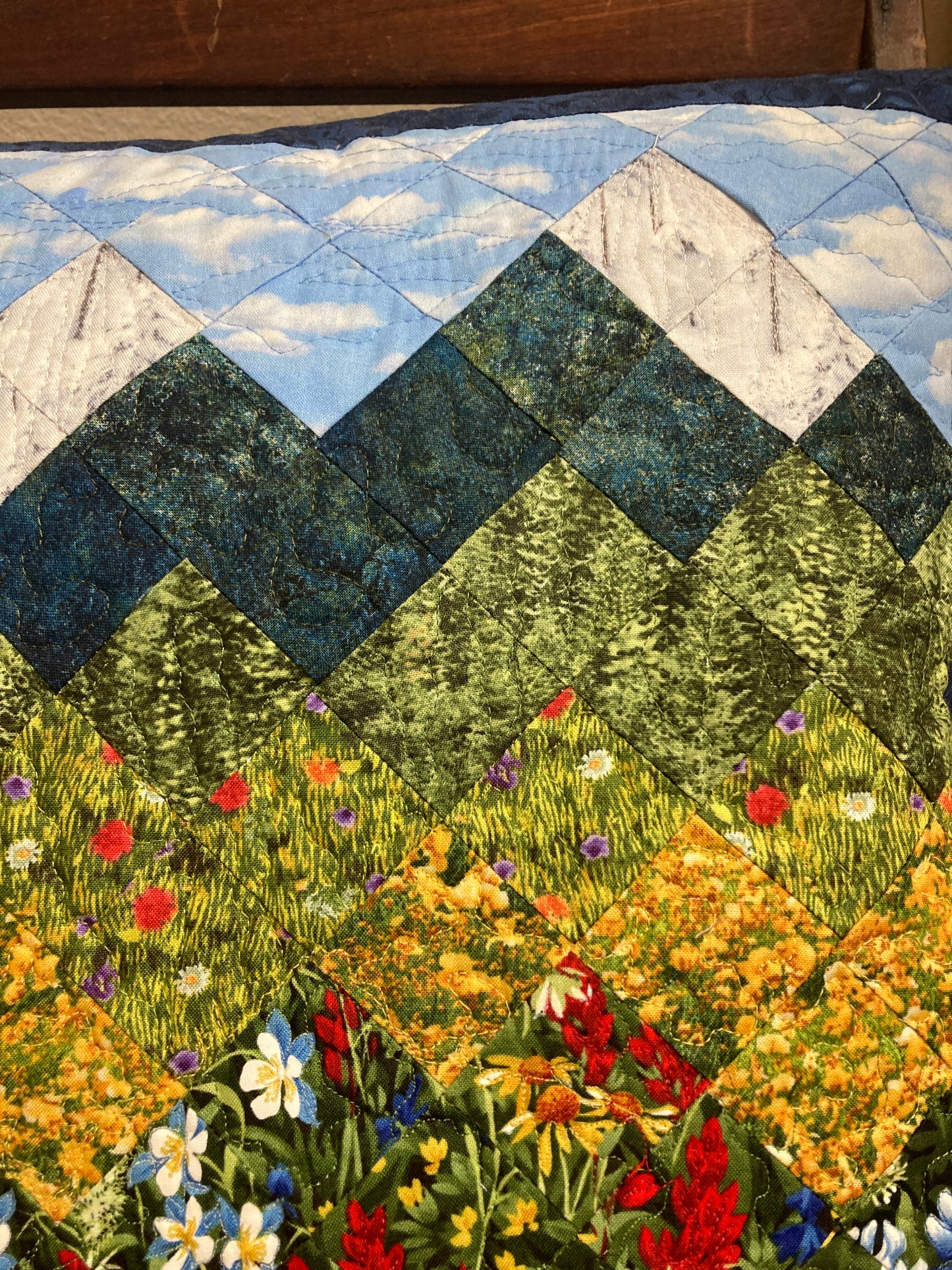 Mountain Decorative Pillow, Wildflowers Trees Mountain Sky Landscape Pillow 20x20", Cotton Lake Tahoe Cabin Lodge Decor, Texas Flowers