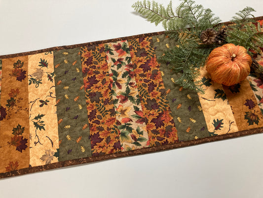 Autumn Splendor Dining Table Runner, 13x36" Fall Leaves Quilted Coffee End Table, Earth Tones Thanksgiving, Handmade Rustic Woods
