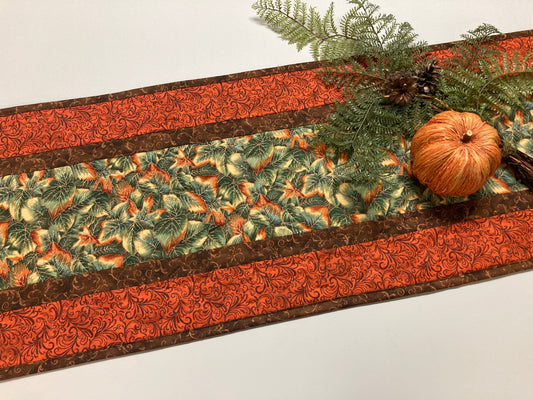 Fall Leaves Dining Table Runner, Green Orange Leaves, 13x48" Reversible Summer, Autumn Coffee End Table, Earth Tones Thanksgiving Quilted