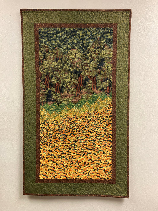 Poppy Fields Tree Forest Art Quilt Fabric Wall Hanging, Landscape Tapestry Home Office Decor, 27x47" Large Vertical Living Room Bedroom