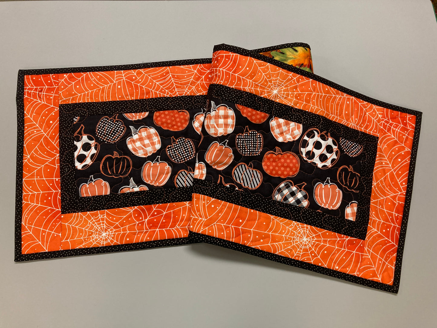 Halloween Pumpkin Quilted Table Runner, Reversible Fall Leaves 13x48" Coffee Dining, Scary Pumpkins Black Gray White Spooky Spiderwebs Decor