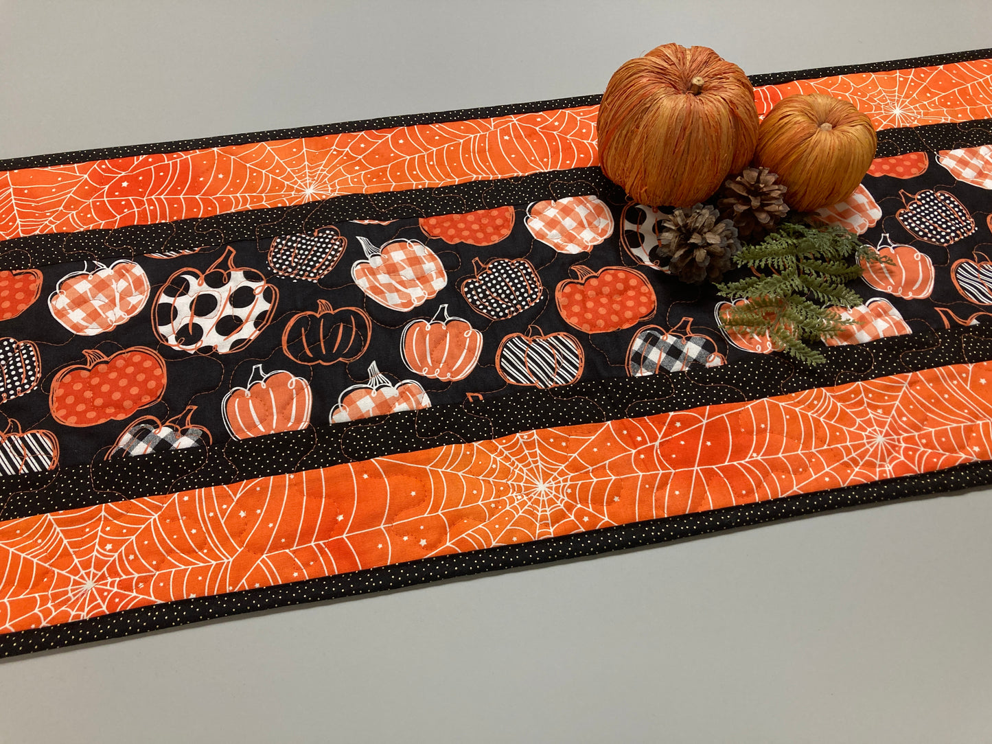 Halloween Pumpkin Quilted Table Runner, Reversible Fall Leaves 13x48" Coffee Dining, Scary Pumpkins Black Gray White Spooky Spiderwebs Decor