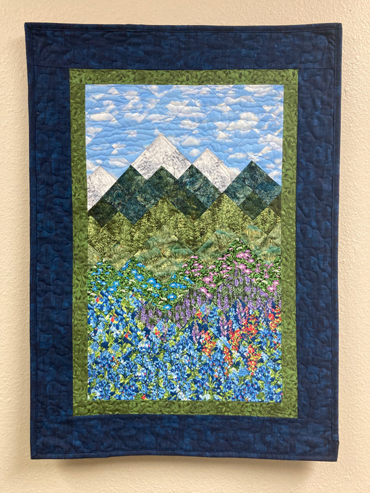 Summer Blue Purple Meadow Wildflower Mountain Art Quilt Fabric Wall Hanging, Landscape Vertical Quilted 21x30” Tapestry, Pine Trees Alpine