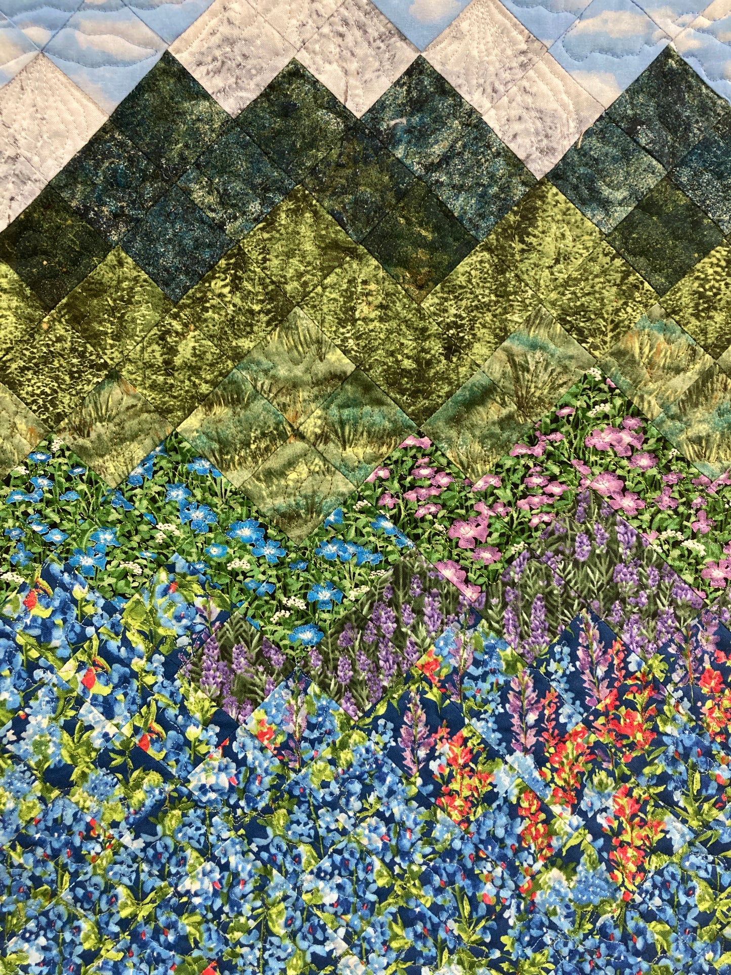Summer Blue Purple Meadow Wildflower Mountain Art Quilt Fabric Wall Hanging, Landscape Vertical Quilted 21x30” Tapestry, Pine Trees Alpine