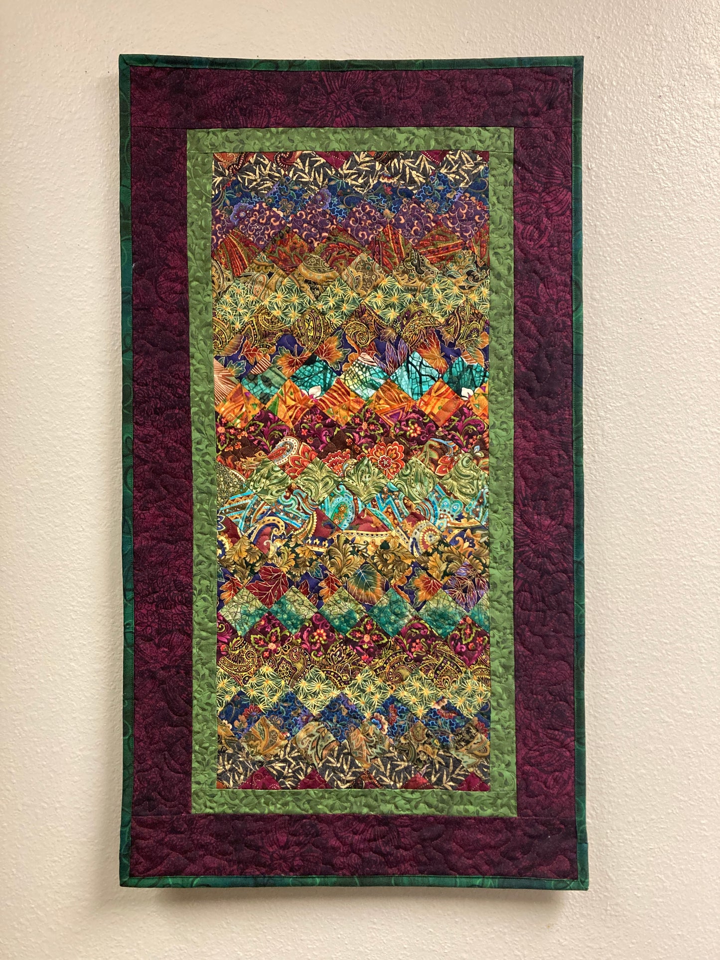 Art Quilt Plum Green Blue Bohemian Fabric Wall Hanging, Quilted 19x34" Paisley Vertical Tapestry Artwork, Table Runner Dresser Handmade