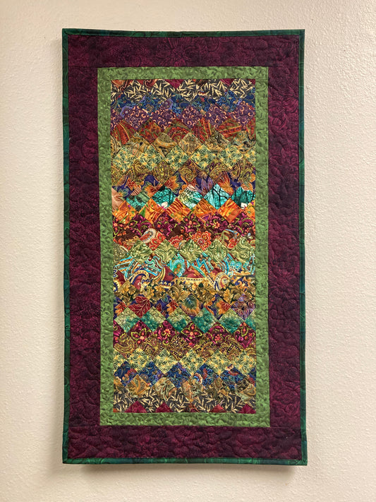 Art Quilt Plum Green Blue Bohemian Fabric Wall Hanging, Quilted 19x34" Paisley Vertical Tapestry Artwork, Table Runner Dresser Handmade