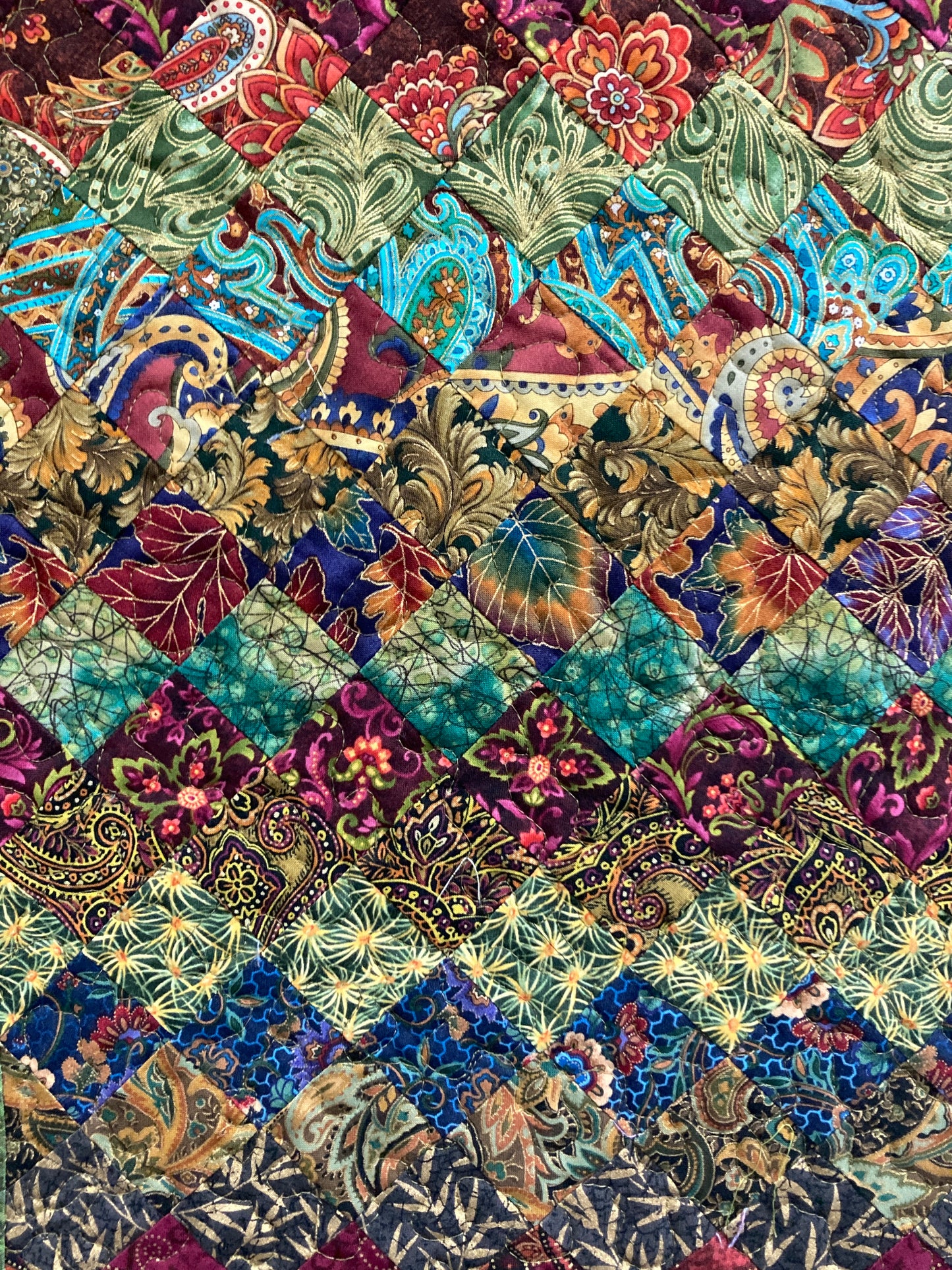 Art Quilt Plum Green Blue Bohemian Fabric Wall Hanging, Quilted 19x34" Paisley Vertical Tapestry Artwork, Table Runner Dresser Handmade