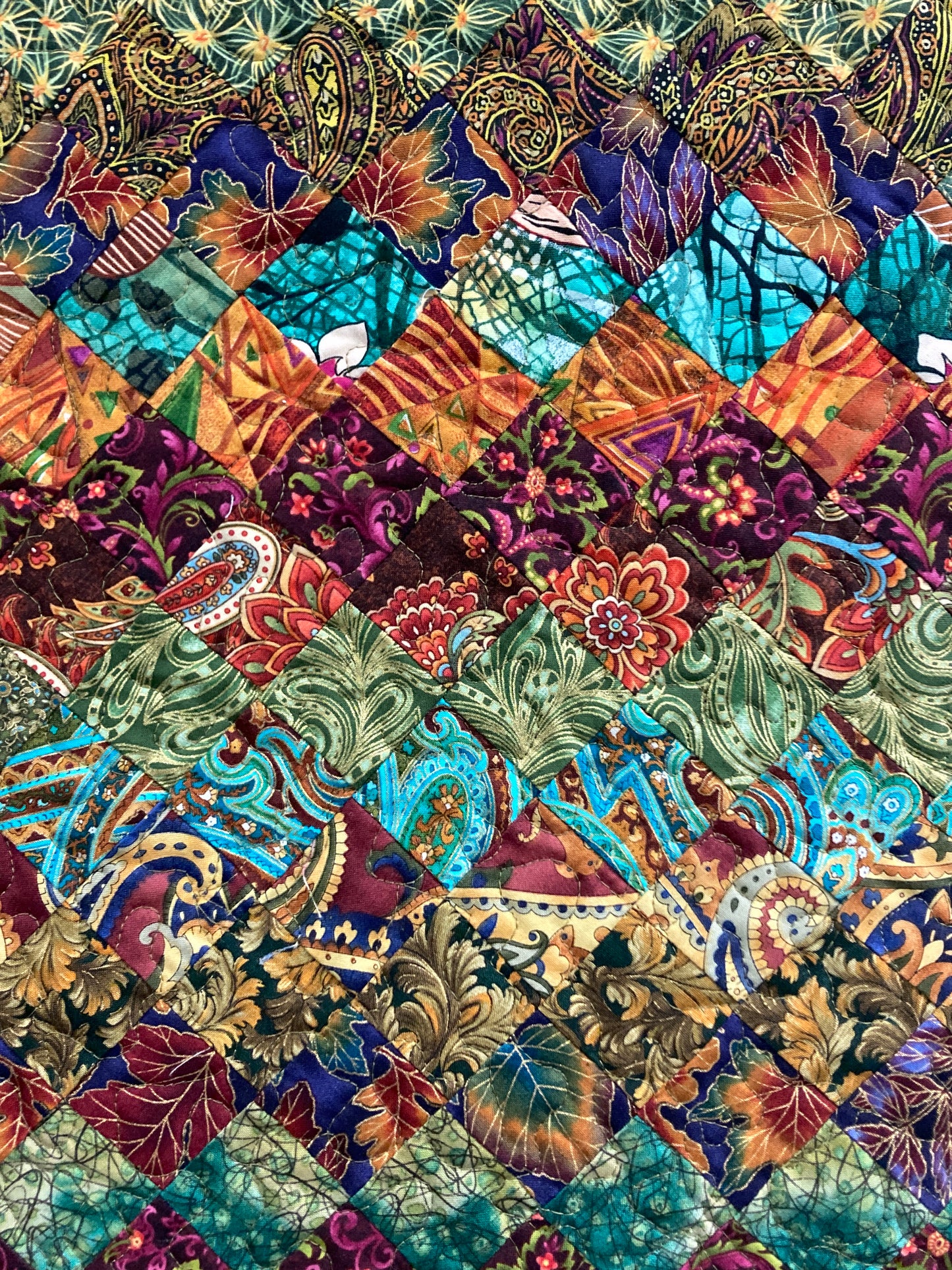 Art Quilt Plum Green Blue Bohemian Fabric Wall Hanging, Quilted 19x34" Paisley Vertical Tapestry Artwork, Table Runner Dresser Handmade